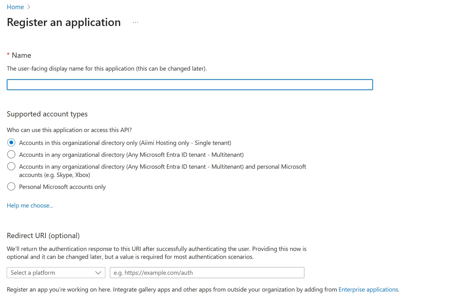 An image of the Register an Application screen on Azure Portal